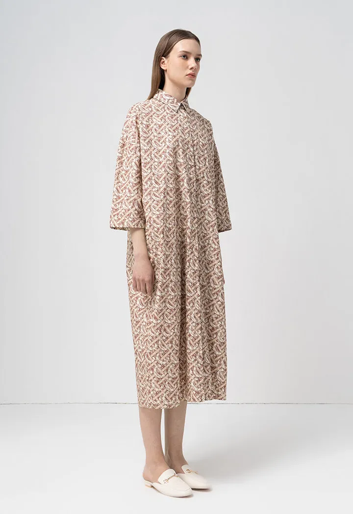 Choice Printed Monogram Long Sleeves Shirt Dress Brown