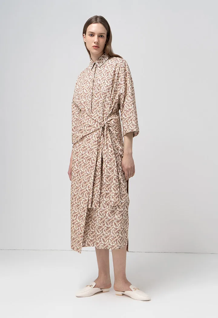 Choice Printed Monogram Long Sleeves Shirt Dress Brown
