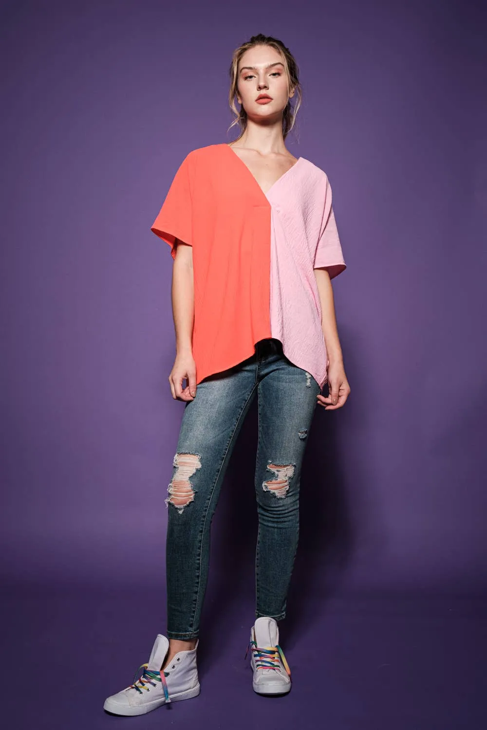 Color Block Tunic Blouse Top
