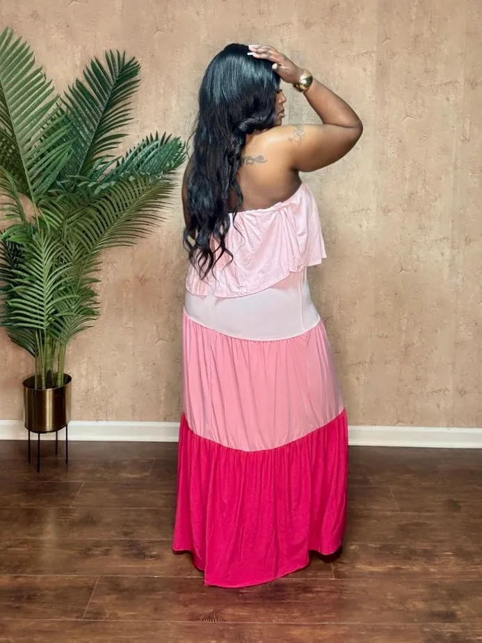 COLOR BLOCKED TIERD MAXI DRESS (Pink)