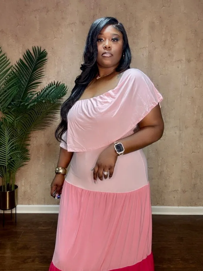COLOR BLOCKED TIERD MAXI DRESS (Pink)
