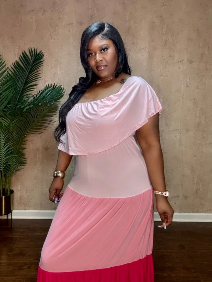 COLOR BLOCKED TIERD MAXI DRESS (Pink)