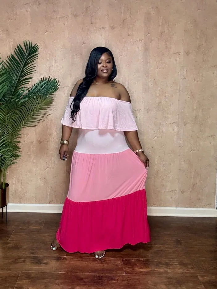 COLOR BLOCKED TIERD MAXI DRESS (Pink)