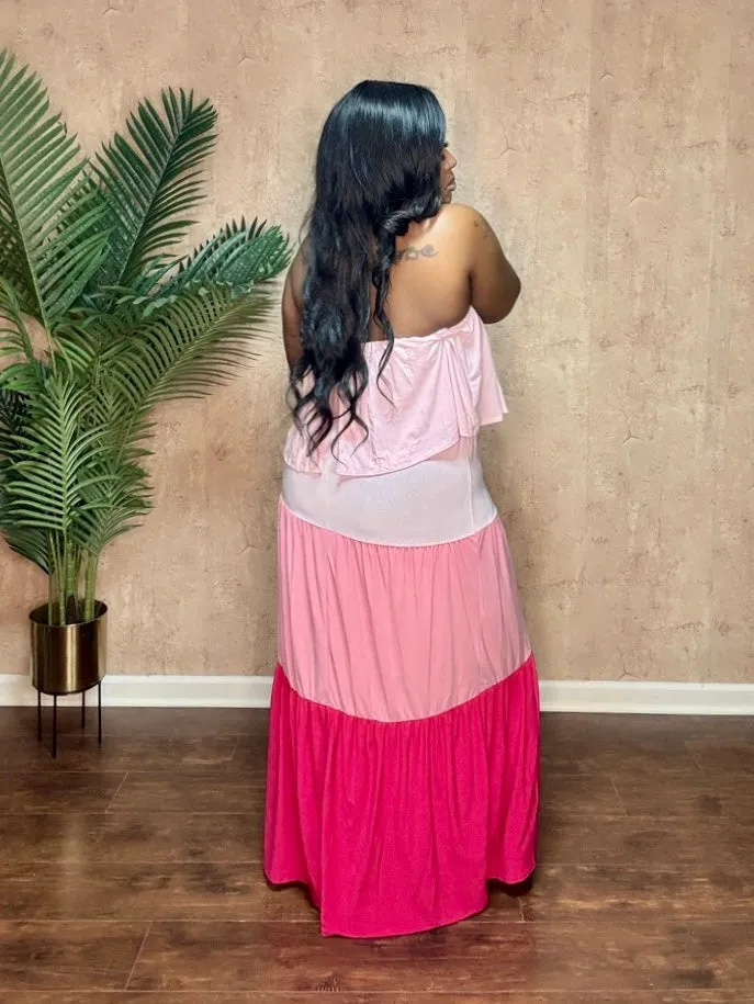 COLOR BLOCKED TIERD MAXI DRESS (Pink)