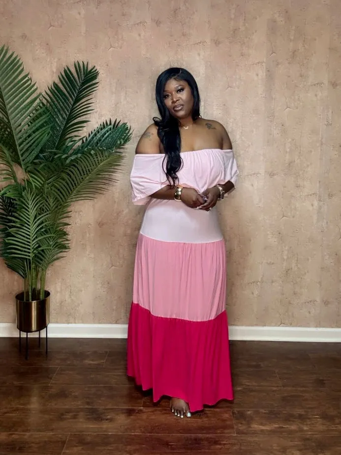 COLOR BLOCKED TIERD MAXI DRESS (Pink)