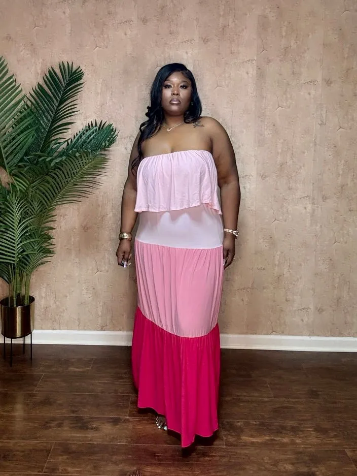 COLOR BLOCKED TIERD MAXI DRESS (Pink)