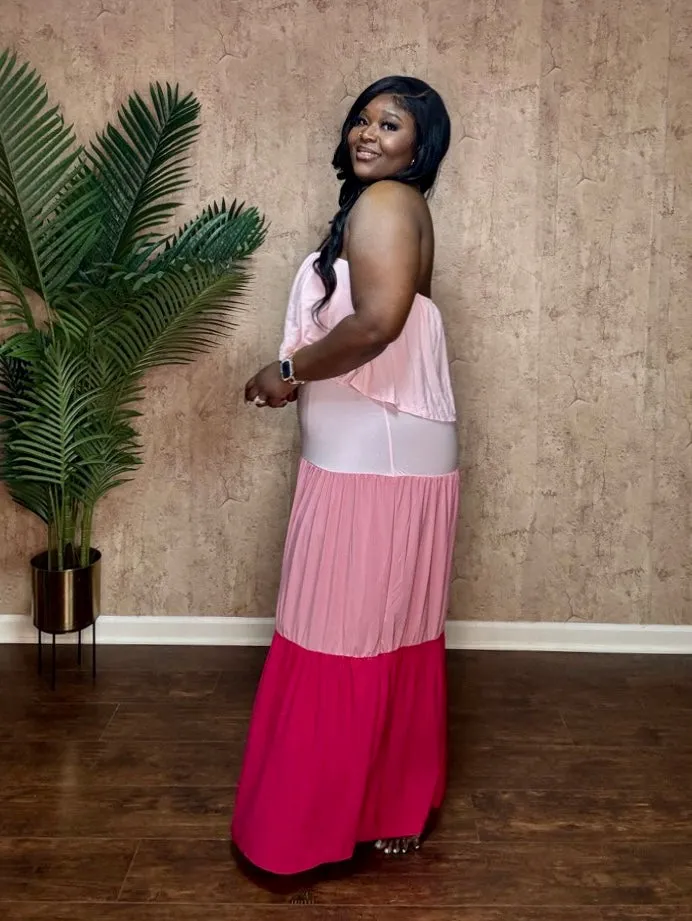 COLOR BLOCKED TIERD MAXI DRESS (Pink)