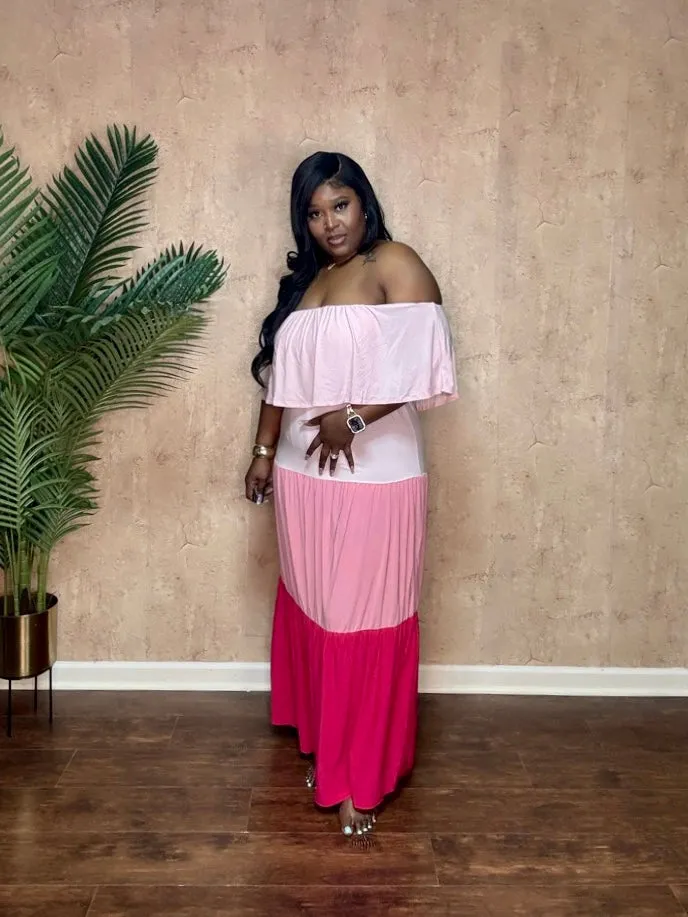 COLOR BLOCKED TIERD MAXI DRESS (Pink)