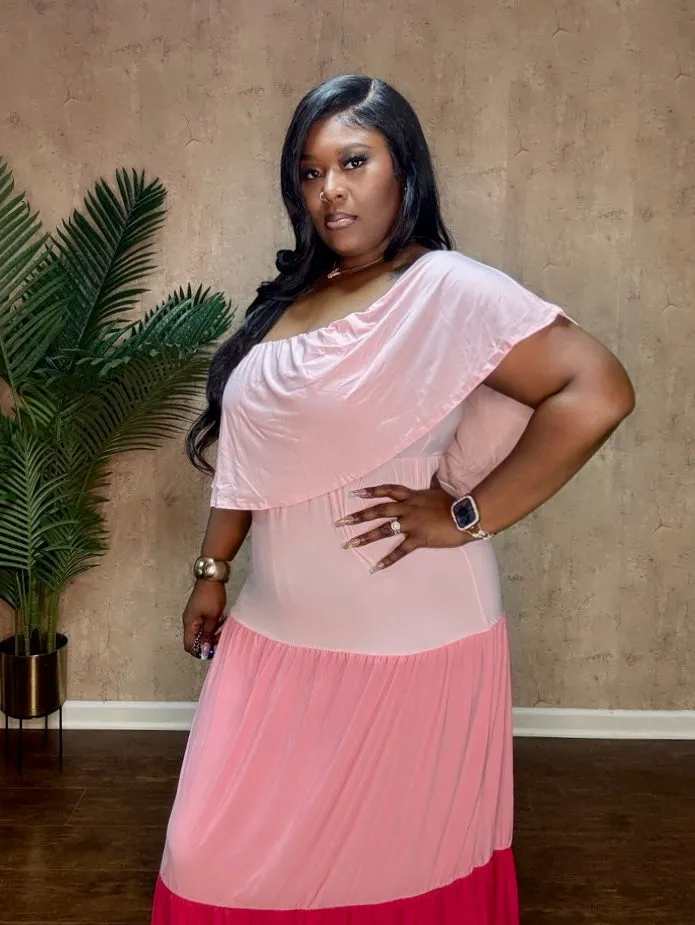 COLOR BLOCKED TIERD MAXI DRESS (Pink)