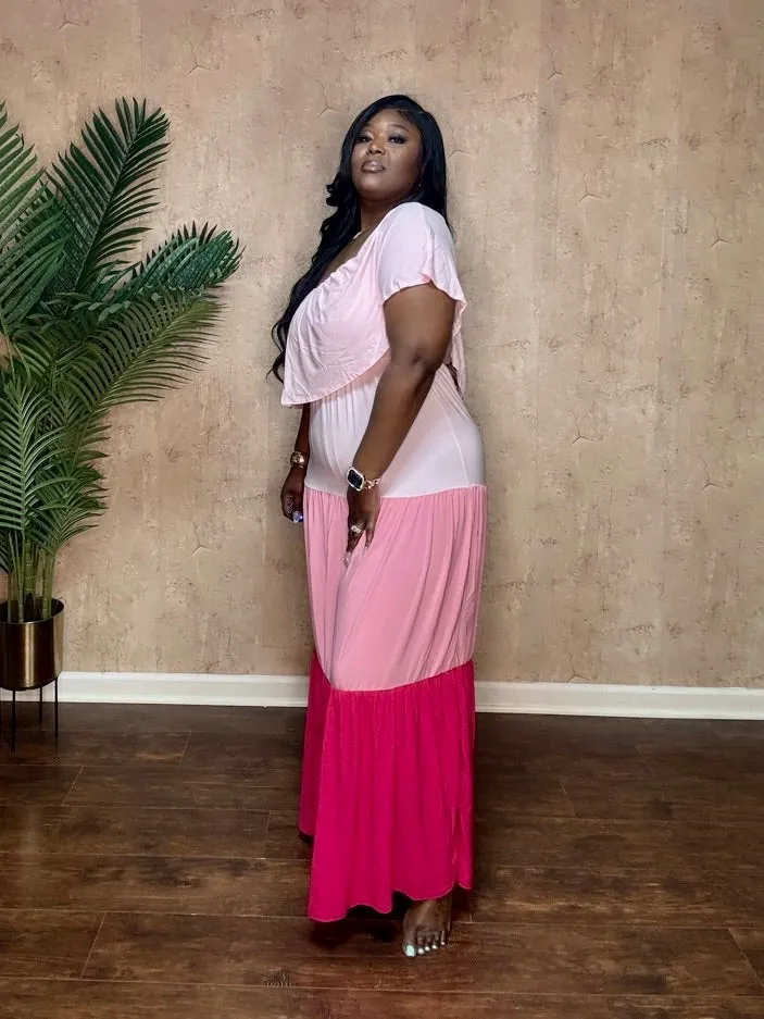 COLOR BLOCKED TIERD MAXI DRESS (Pink)