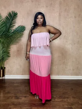 COLOR BLOCKED TIERD MAXI DRESS (Pink)