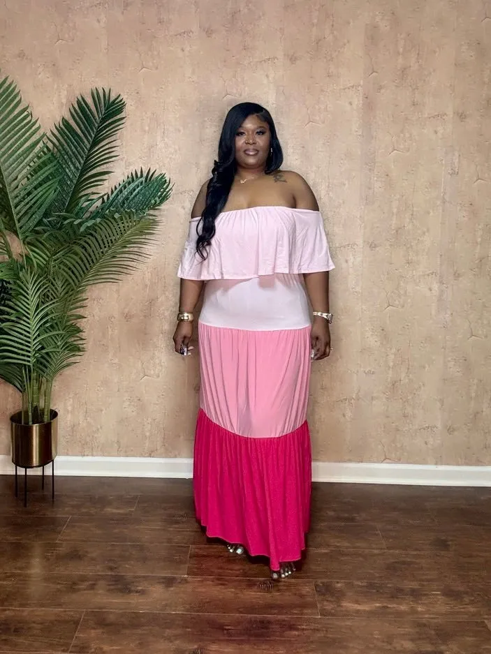 COLOR BLOCKED TIERD MAXI DRESS (Pink)