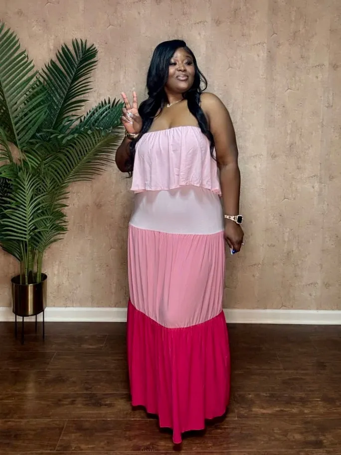 COLOR BLOCKED TIERD MAXI DRESS (Pink)