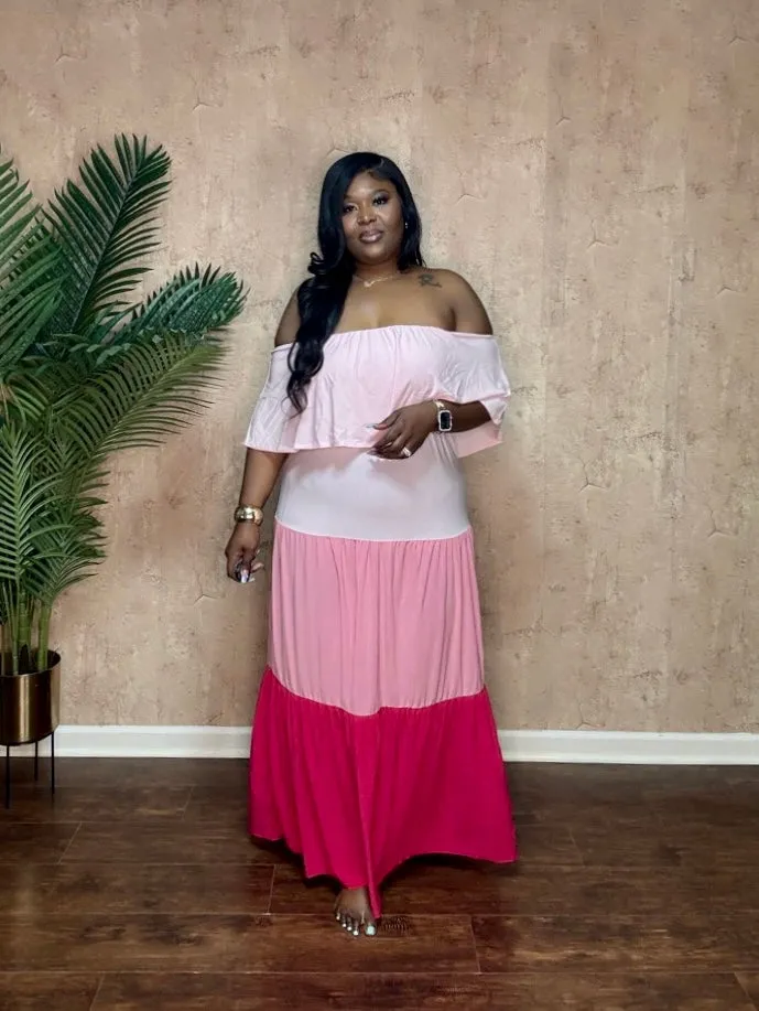 COLOR BLOCKED TIERD MAXI DRESS (Pink)