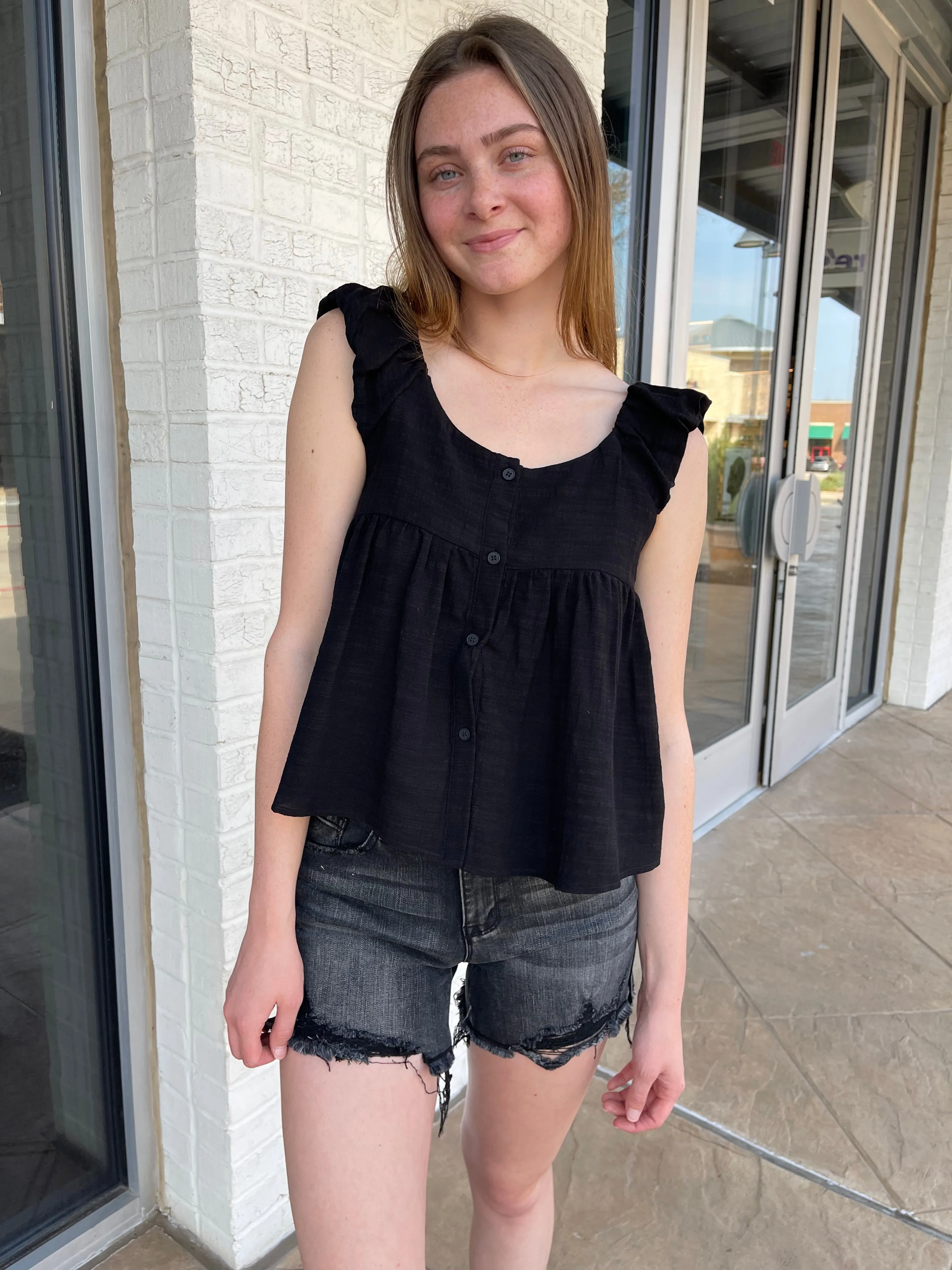 Daisy Ruffle Shoulder Babydoll Top Black