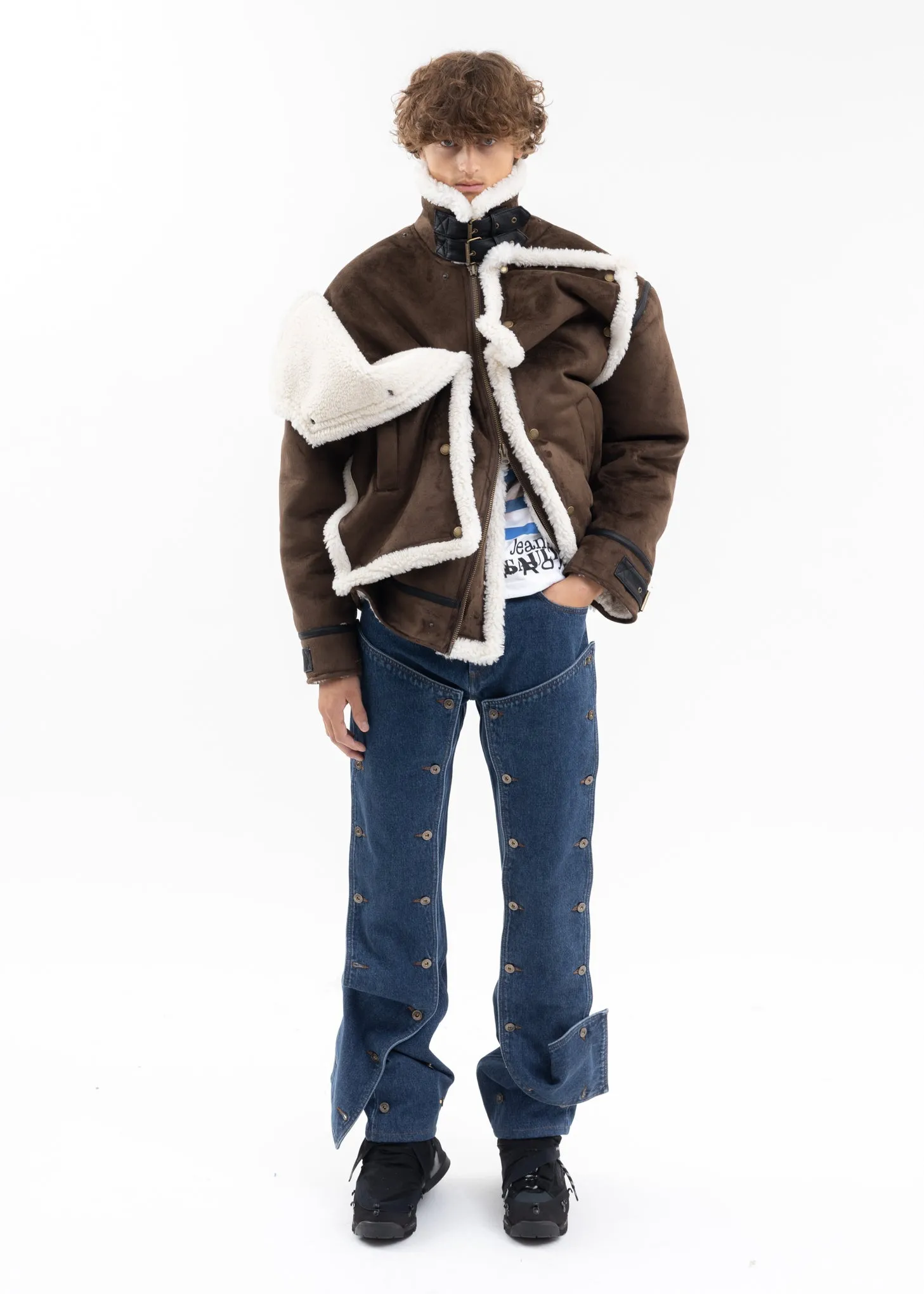 DARK BROWN SNAP PANEL SHEARLING JACKET