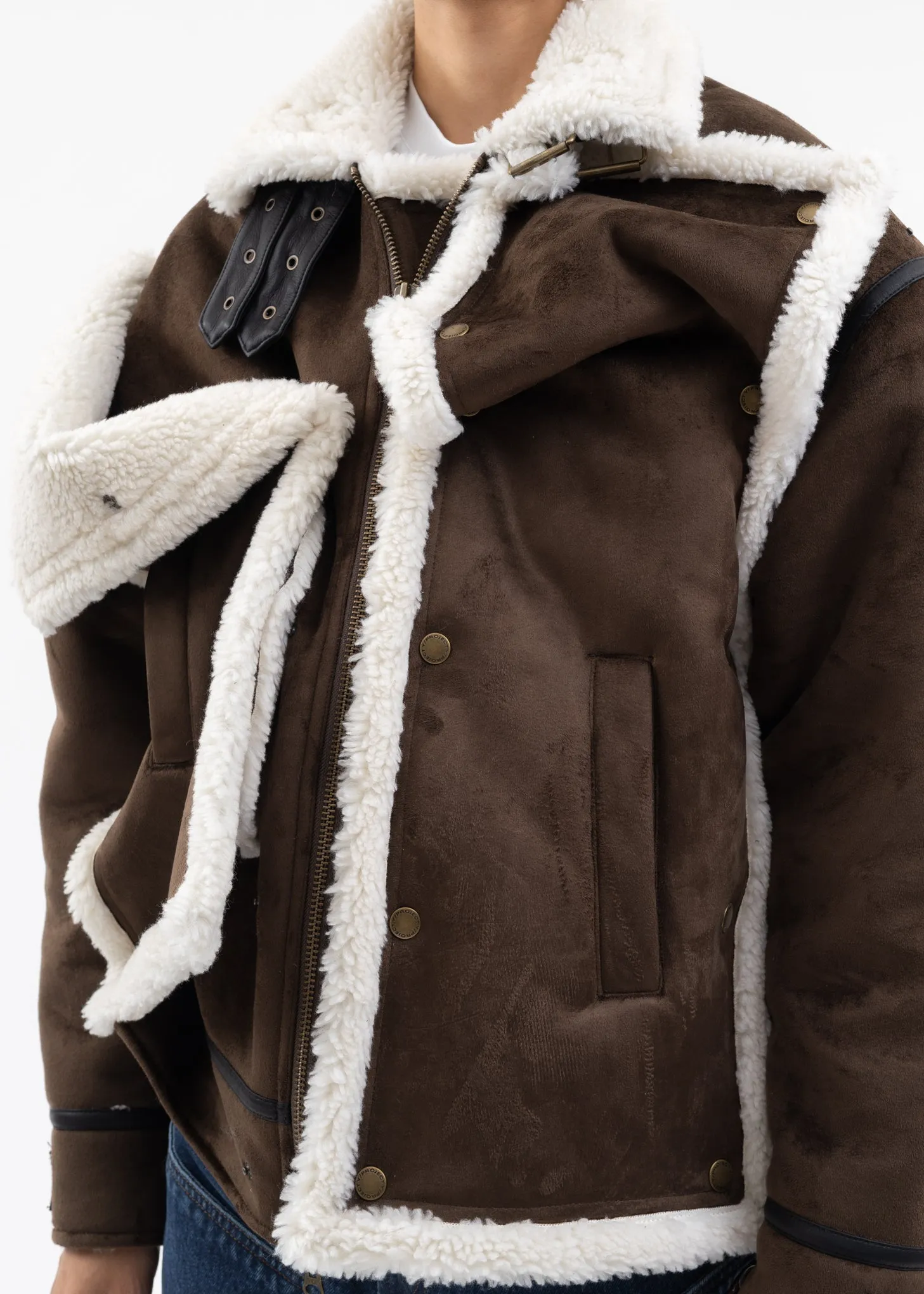DARK BROWN SNAP PANEL SHEARLING JACKET