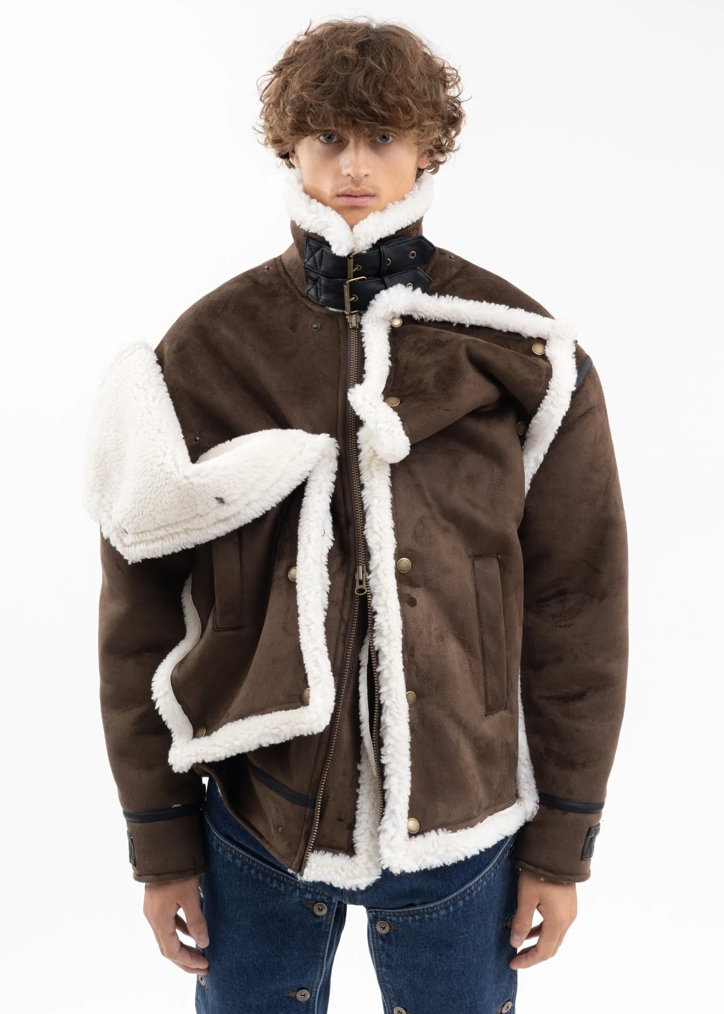 DARK BROWN SNAP PANEL SHEARLING JACKET