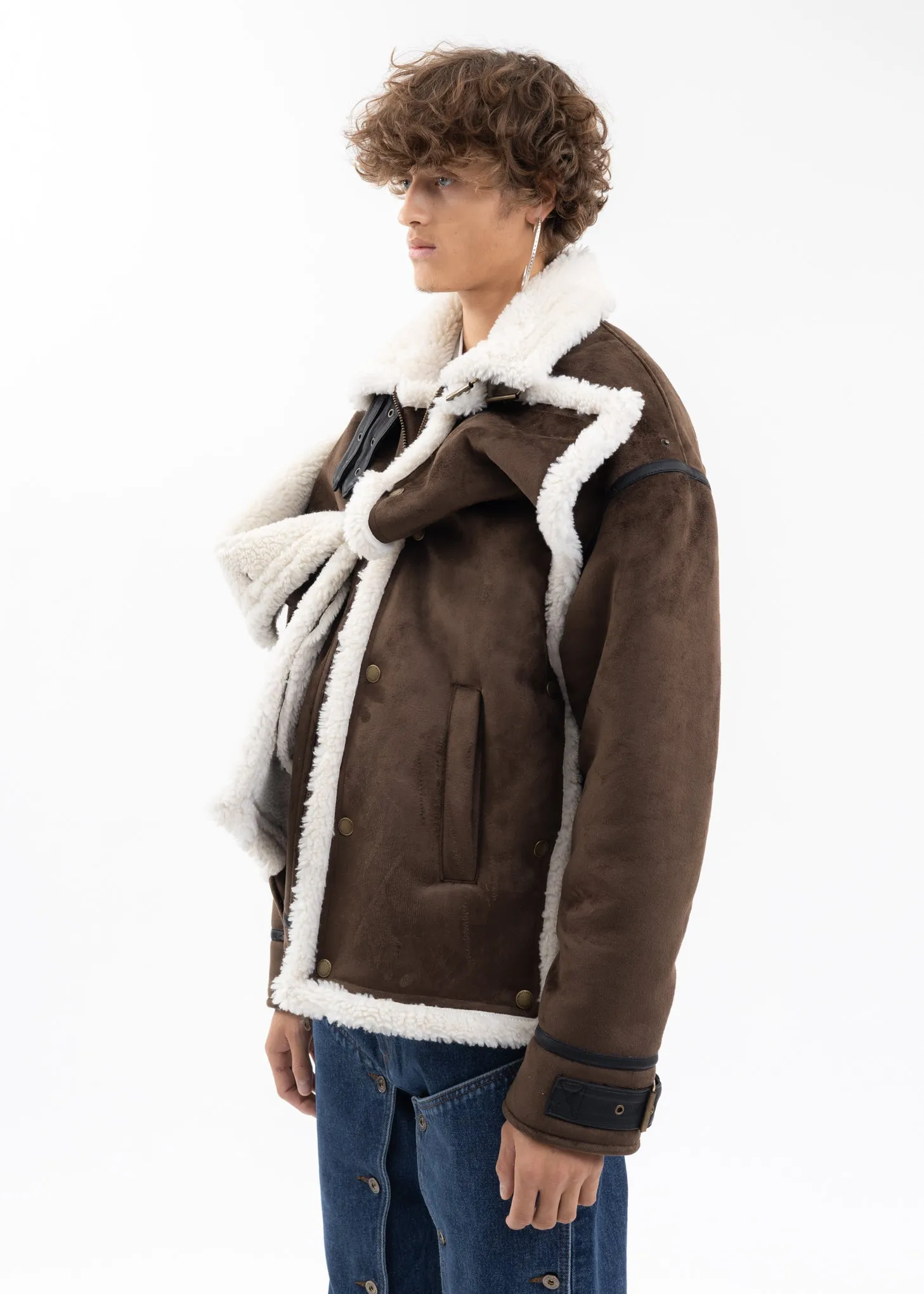 DARK BROWN SNAP PANEL SHEARLING JACKET