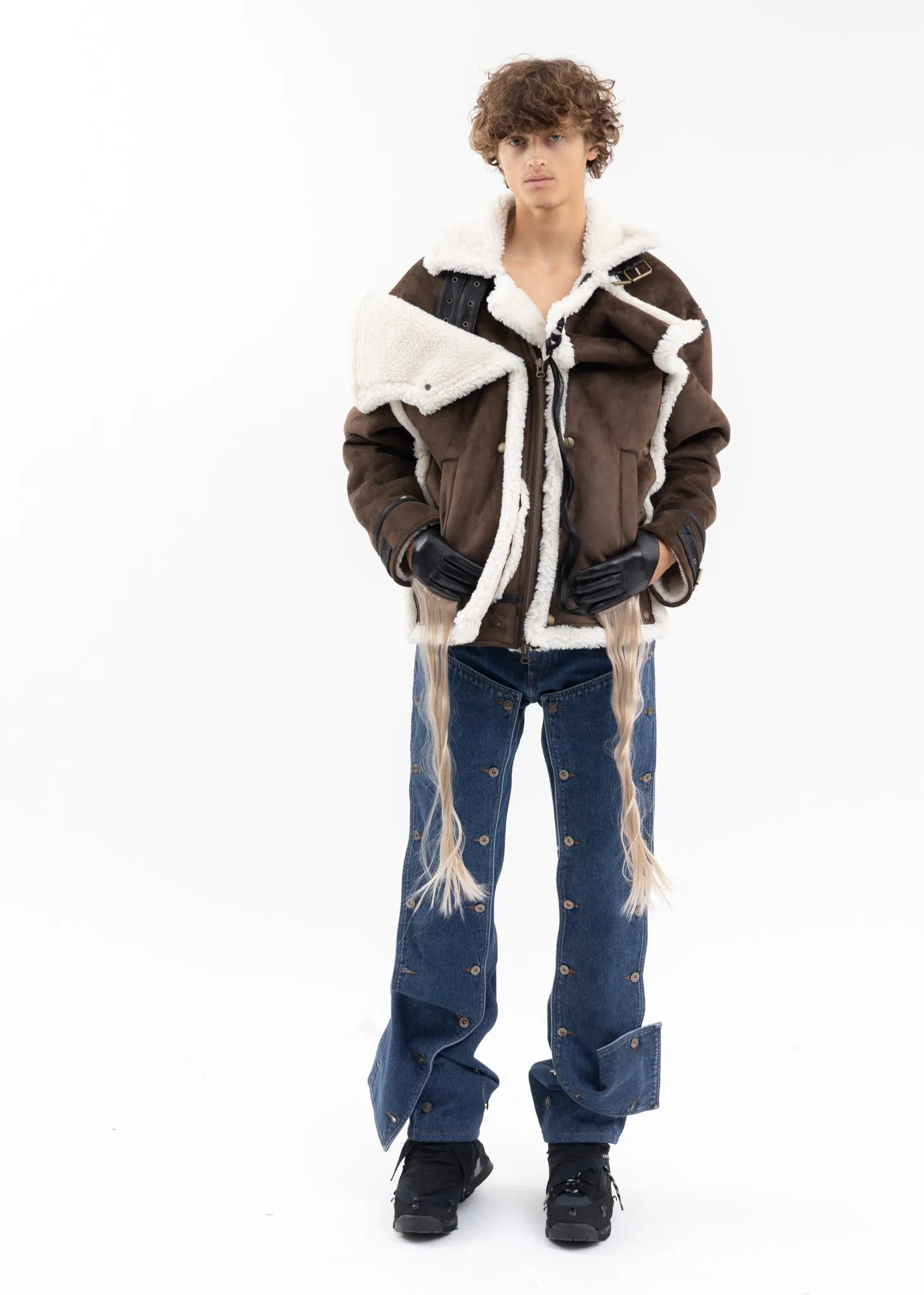 DARK BROWN SNAP PANEL SHEARLING JACKET
