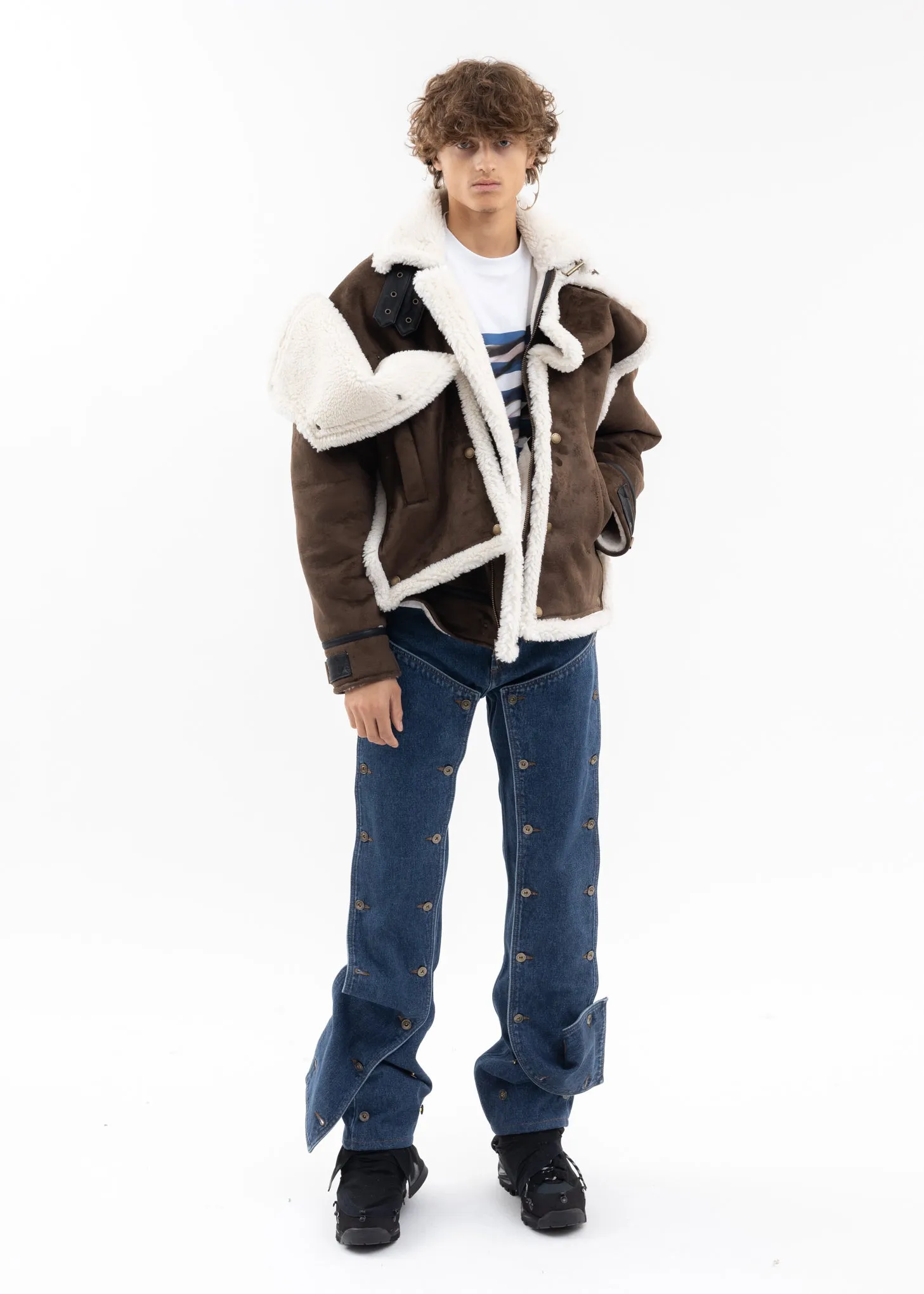 DARK BROWN SNAP PANEL SHEARLING JACKET