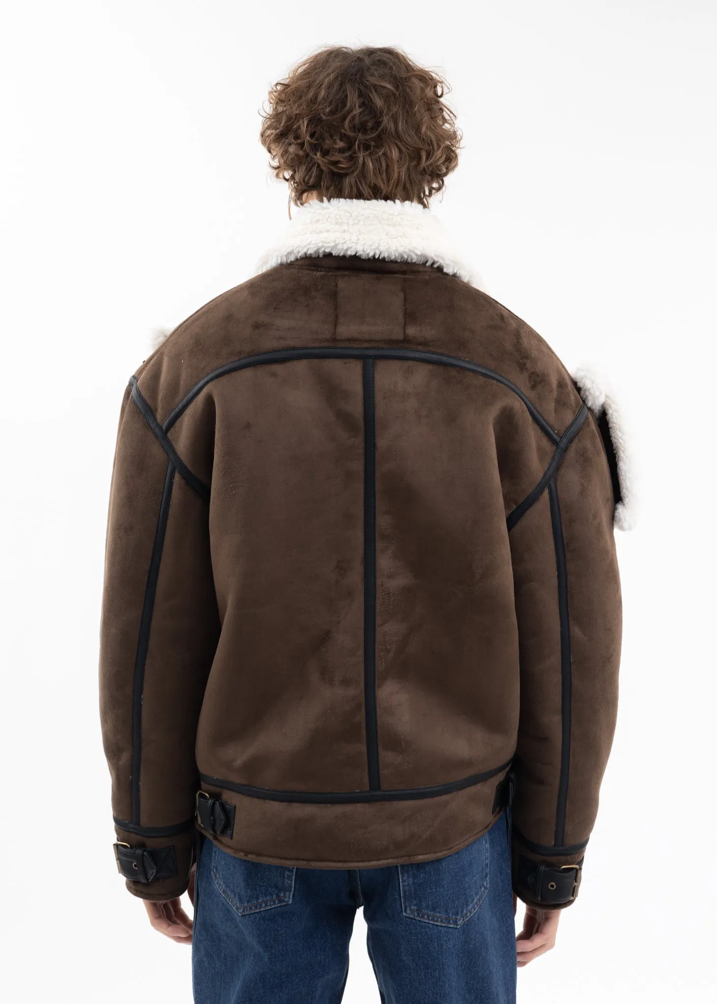 DARK BROWN SNAP PANEL SHEARLING JACKET