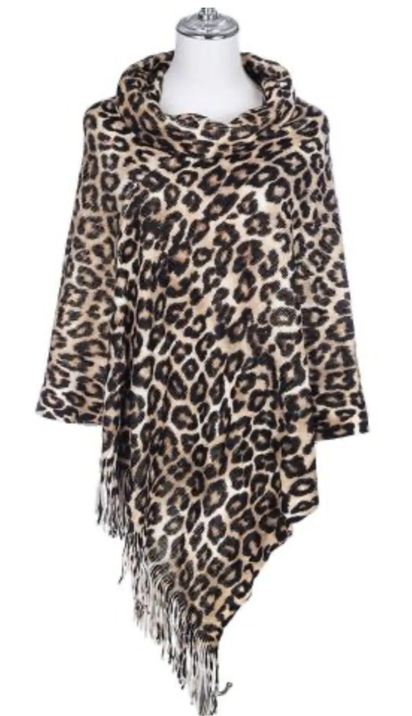 Deia Cozy Animal-Print Cowlneck Poncho
