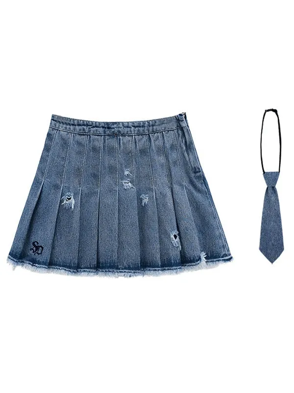 Denim Hole Pleated Skirt With Tie