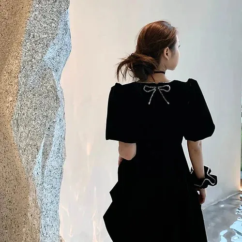 Diana Vevina Black Square Neck Velvet Skirt Dress