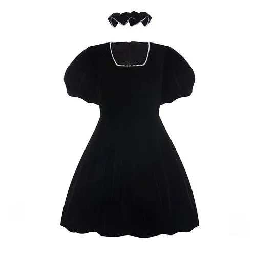 Diana Vevina Black Square Neck Velvet Skirt Dress