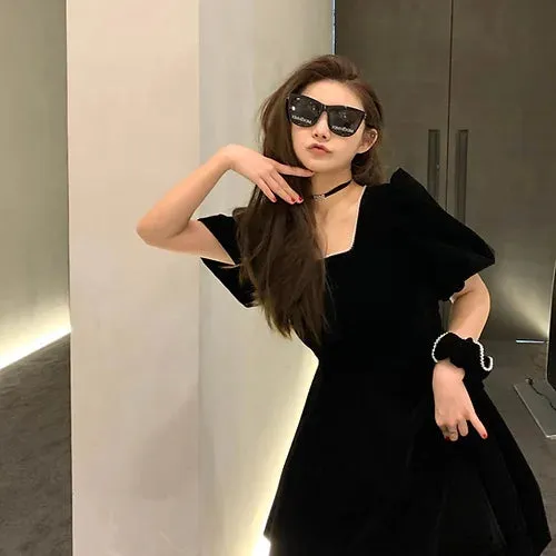 Diana Vevina Black Square Neck Velvet Skirt Dress