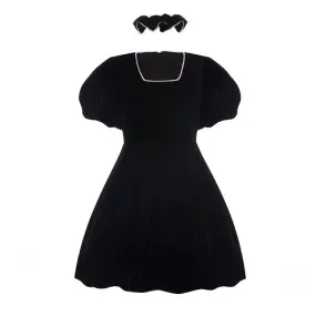Diana Vevina Black Square Neck Velvet Skirt Dress