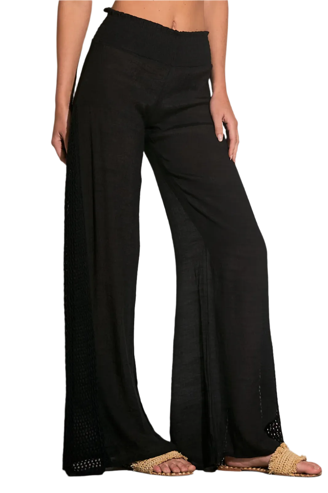 Elan Crochet Panel Wide Leg Pants - Black