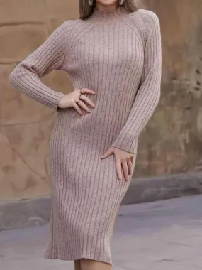 Elegance Mock Neck Ribbed Knit Sweater Dress