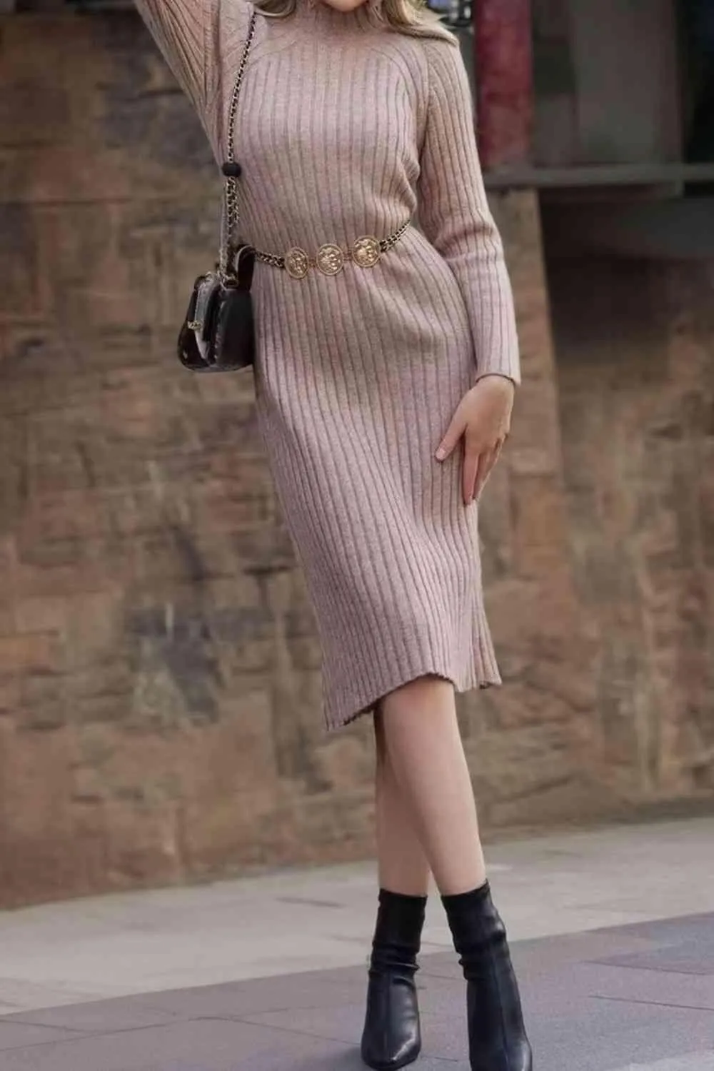 Elegance Mock Neck Ribbed Knit Sweater Dress