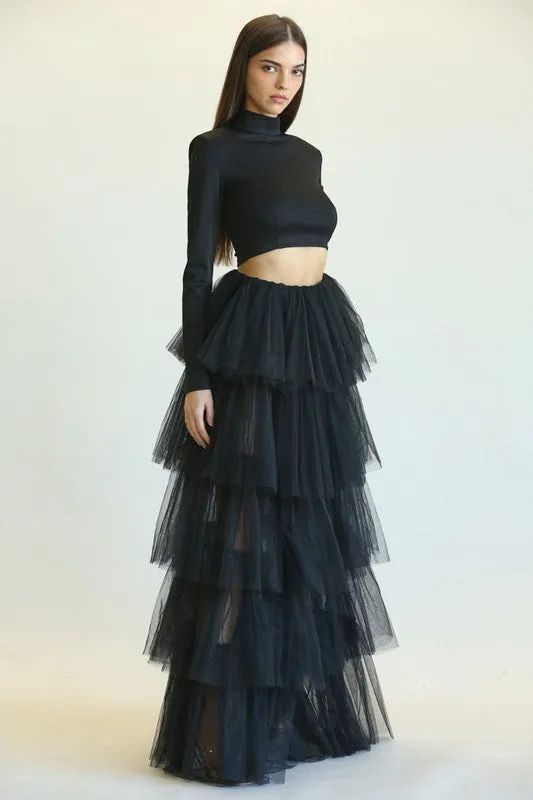Elegant Black High Waisted Layered Ruffle Maxi Skirt