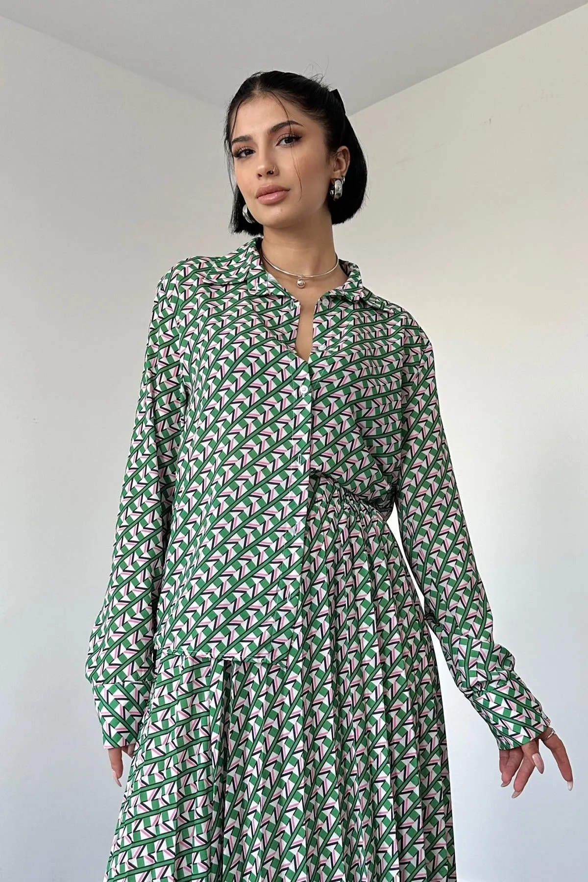 ELS Patterned Viscose Shirt and Skirt Set - Green - Pryluky