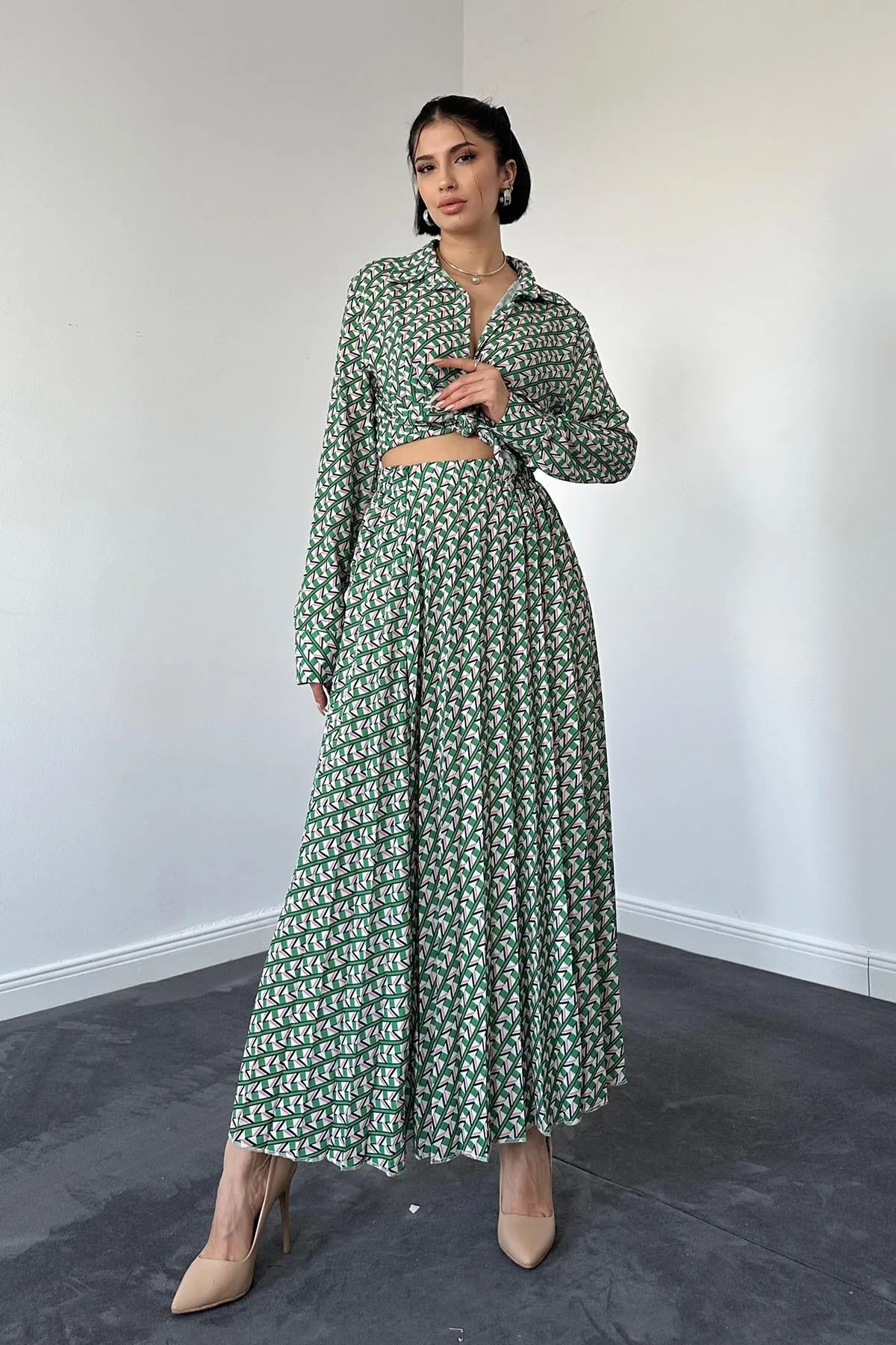 ELS Patterned Viscose Shirt and Skirt Set - Green - Pryluky