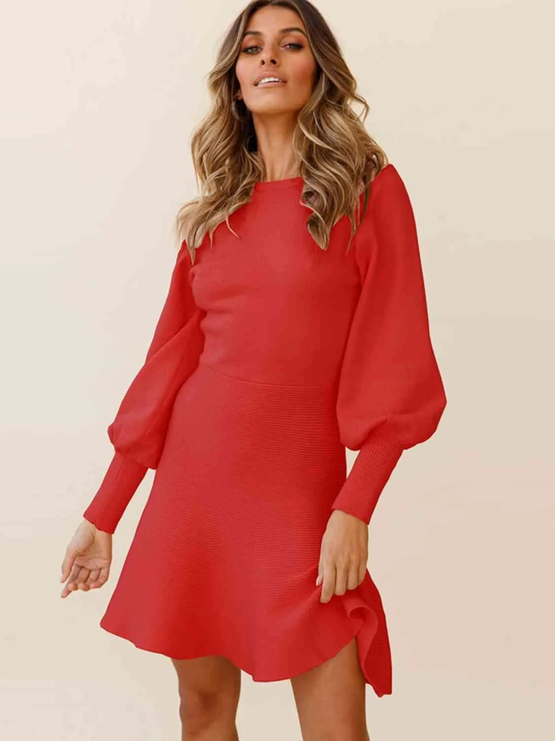 Fit And Flare Balloon Sleeve Sweater Dress