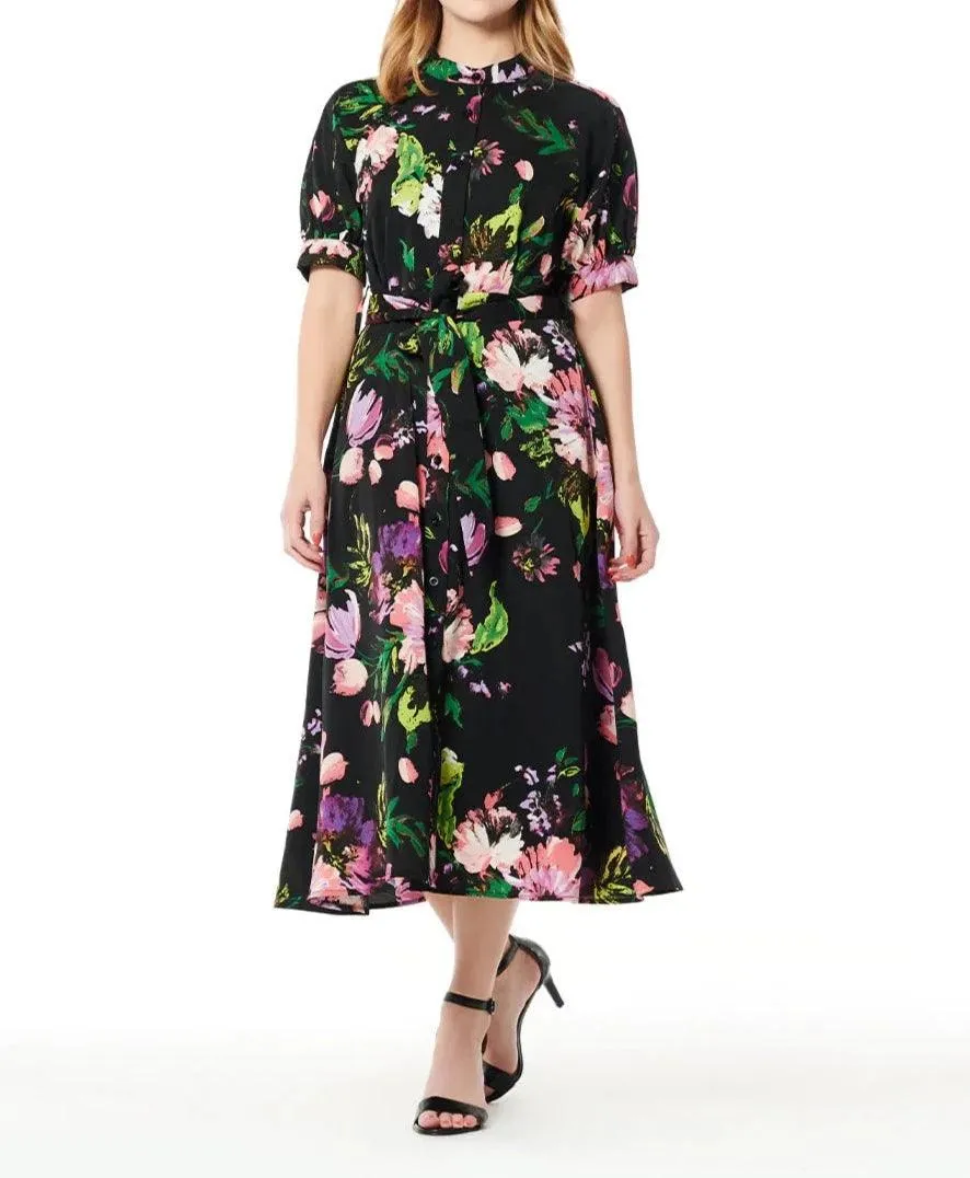 Floral Print Puffed Sleeve Belted A-Line Maxi Dress