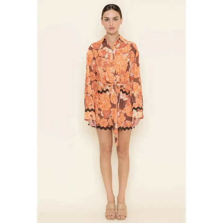 FLORAL SCALLOP TRIM SHIRT DRESS