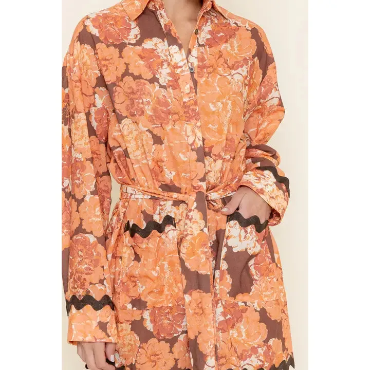 FLORAL SCALLOP TRIM SHIRT DRESS
