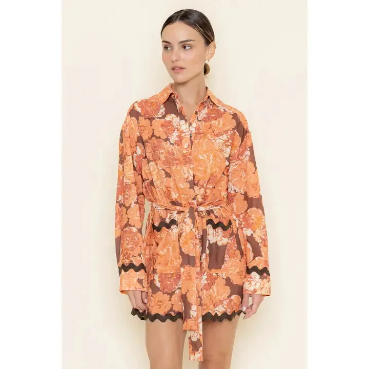 FLORAL SCALLOP TRIM SHIRT DRESS