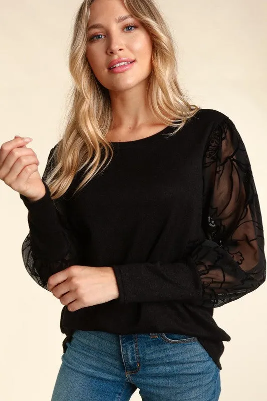 Floral Velvet Sheer Sleeve Top