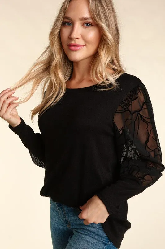 Floral Velvet Sheer Sleeve Top