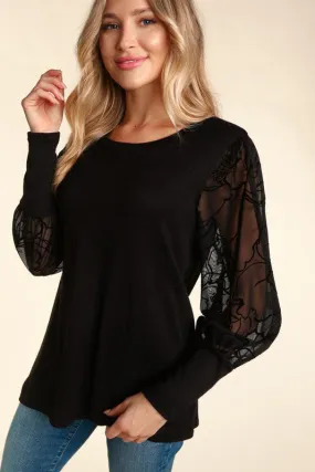 Floral Velvet Sheer Sleeve Top