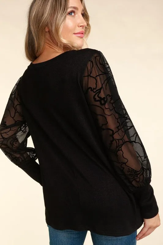 Floral Velvet Sheer Sleeve Top