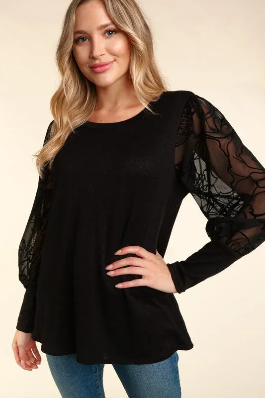 Floral Velvet Sheer Sleeve Top
