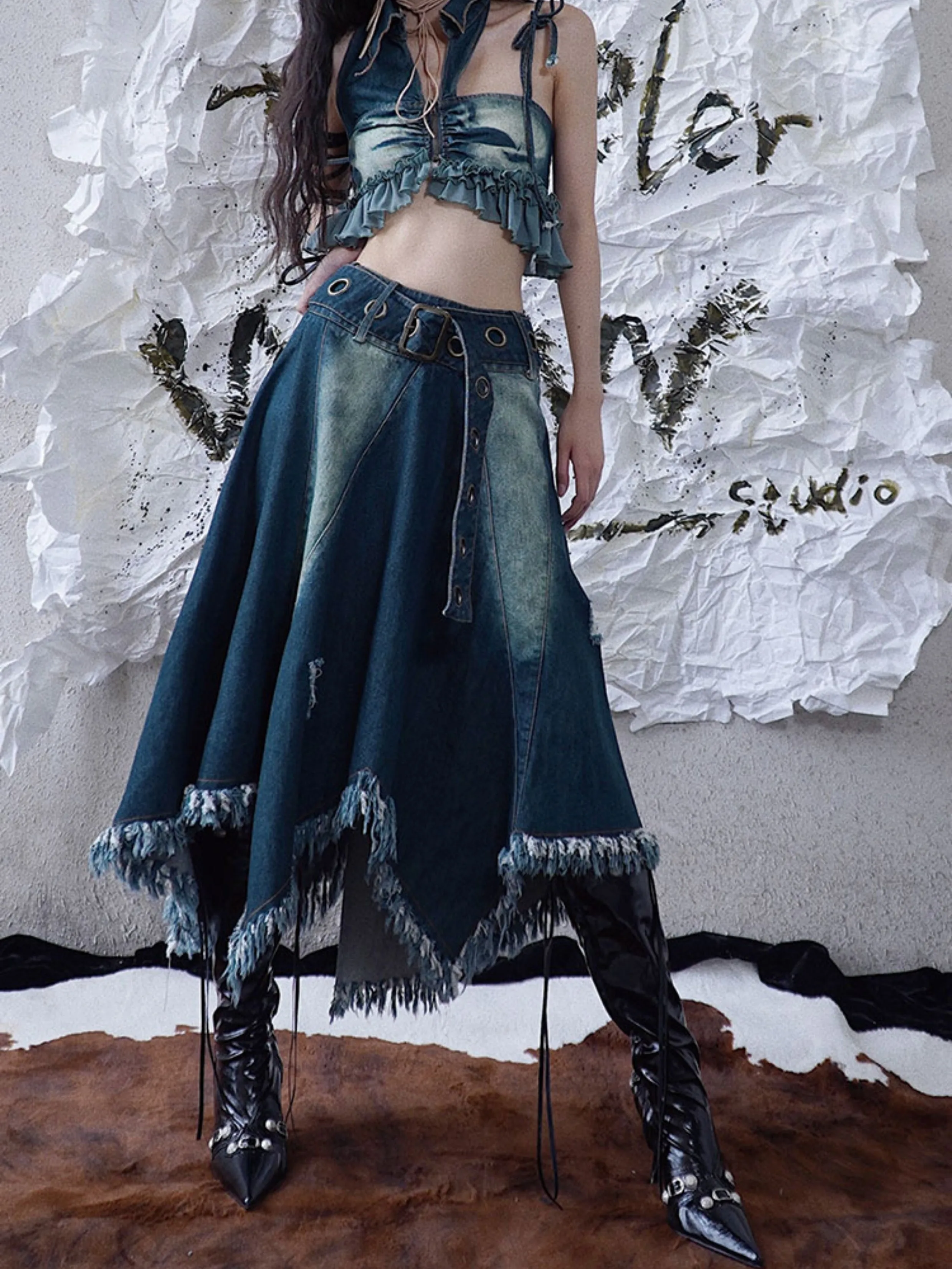 Fringed Irregular Hem Denim Circular Skirt