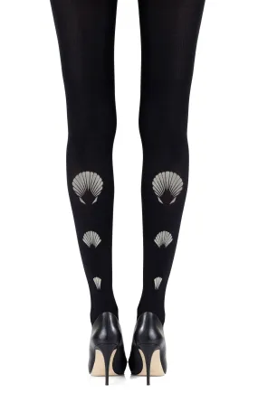 Gorgeous Metallic Grey Shell Print 100 Denier Opaque Black Tights